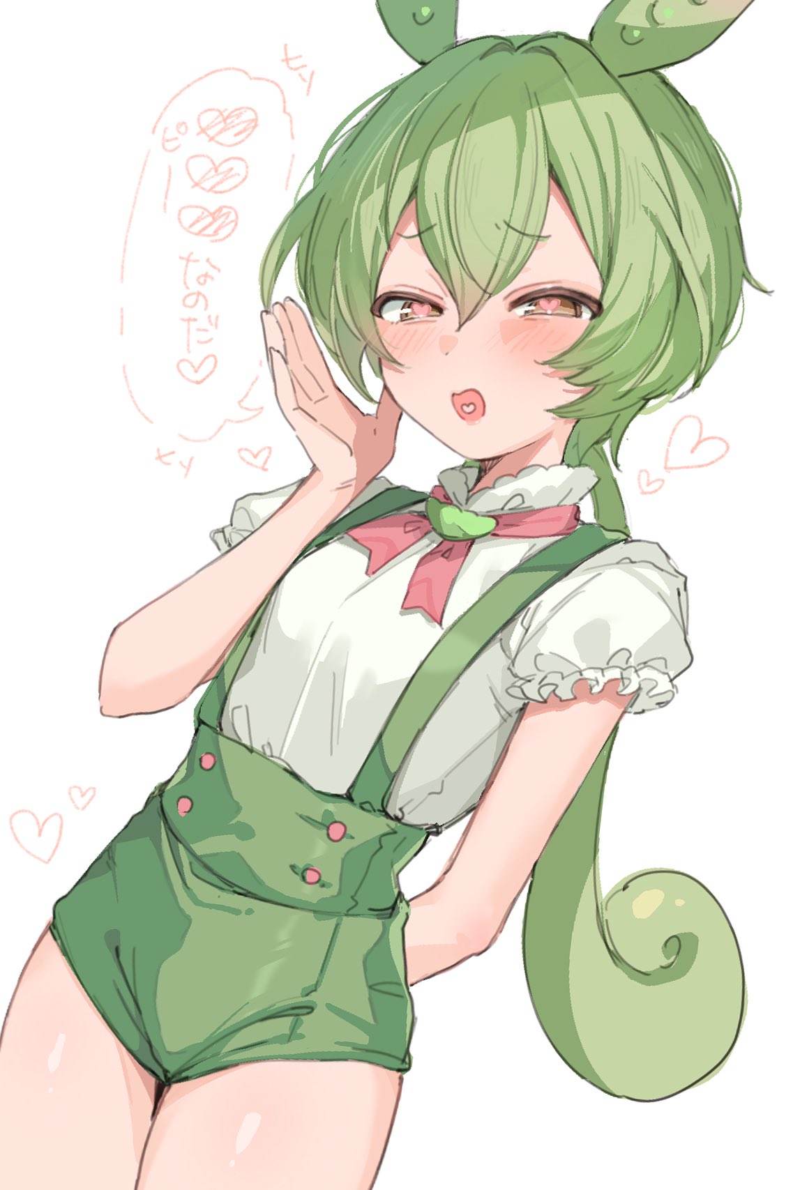 1girl blush green_hair green_shorts heart heart-shaped_pupils heart_in_mouth highres looking_at_viewer low_ponytail naughty_face open_mouth paragasu_(parags112) pea_pod short_shorts shorts sketch smile solo suspender_shorts suspenders symbol-shaped_pupils voicevox zundamon