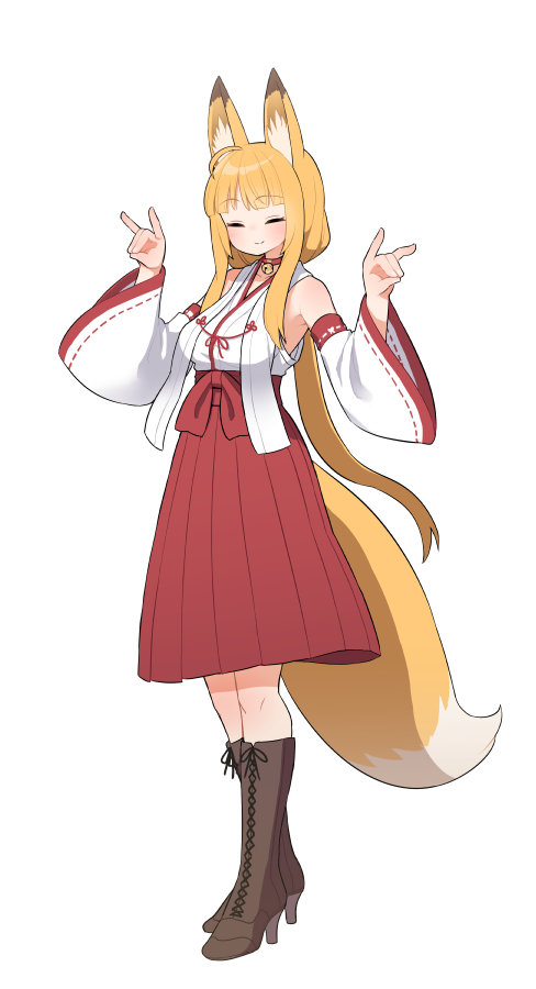 1girl ahoge animal_ear_fluff animal_ears bell blonde_hair blush boots choker closed_eyes closed_mouth commission cross-laced_footwear detached_sleeves double_fox_shadow_puppet fox_ears fox_shadow_puppet fox_tail full_body high-waist_skirt high_heel_boots high_heels japanese_clothes kuroshiro_gurei lace-up_boots miko neck_bell original red_skirt skeb_commission skirt sleeveless smile solo standing tail transparent_background