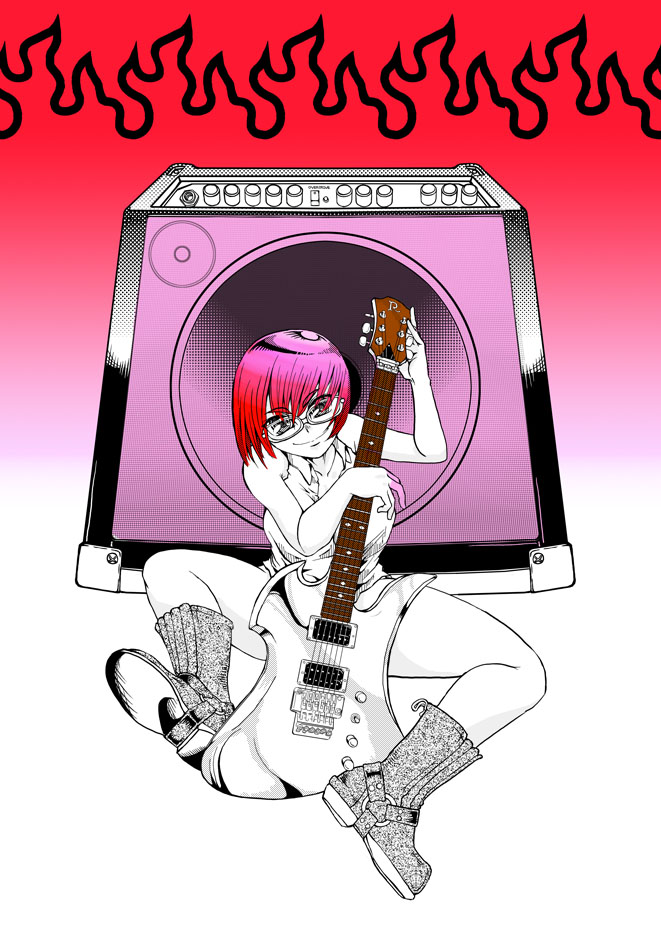 1girl bare_legs boots collared_shirt glasses gradient_background gradient_hair grey_eyes guitar instrument kick_katze looking_at_viewer multicolored_hair original pink_hair red_hair shirt sitting sleeveless sleeveless_shirt solo speaker spot_color white_shirt