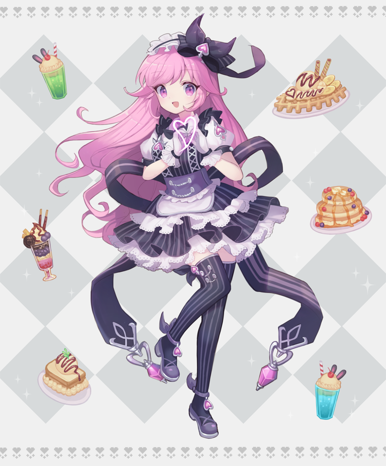 1girl :d apron back_bow black_bow black_dress black_thighhighs blueberry bow cherry chocolate corset crystal cup dress drinking_straw floating_hair food footwear_bow frilled_dress frilled_gloves frills fruit gloves hair_between_eyes hair_bow heart heart_hands honey jewelry long_hair looking_at_viewer lunaticmed maid maid_apron maid_headdress mary_janes open_mouth original parfait patterned_background pink_eyes pink_hair pinstripe_pattern purple_corset purple_footwear raised_eyebrows shoes sidelocks simple_background smile standing standing_on_one_leg strawberry sweets thighhighs waffle white_gloves