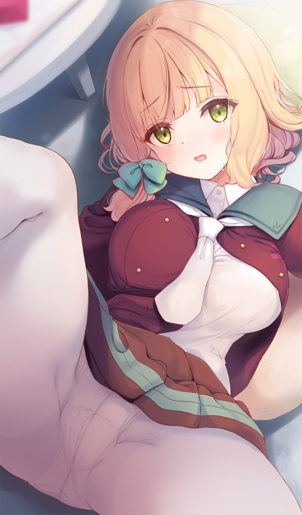 1girl aqua_sailor_collar blonde_hair blush bow breasts cameltoe cardigan collared_shirt commentary_request d: furrowed_brow green_bow green_eyes hair_bow highres indoors komone_ushio large_breasts looking_at_viewer lying misaki_(komone_ushio) necktie on_back open_mouth original panties panties_under_pantyhose pantyhose pantyshot pleated_skirt red_cardigan red_skirt sailor_collar school_uniform shirt short_hair skirt solo spread_legs sweatdrop table underwear upskirt white_necktie white_pantyhose white_shirt