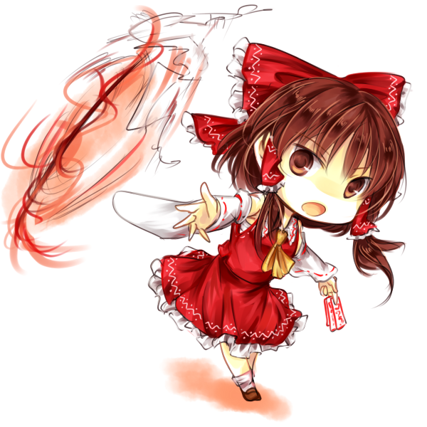 1girl ascot bow brown_eyes brown_footwear brown_hair chest_sarashi chibi commentary_request detached_sleeves frilled_skirt frills full_body hair_bow hair_tubes hakurei_reimu kutsuki_kai ofuda red_bow red_skirt ribbon-trimmed_sleeves ribbon_trim sarashi sidelocks skirt socks solo touhou white_background white_socks wide_sleeves yellow_ascot