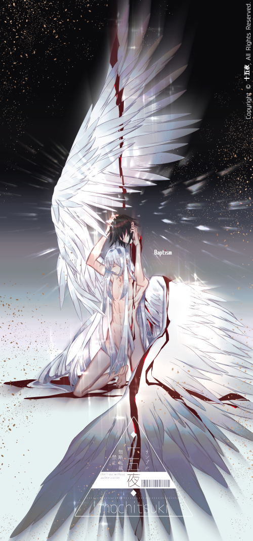 1boy abs angel_wings arms_up barefoot black_background blood blood_on_body blood_splatter bloody_wings closed_mouth completely_nude english_text full_body gradient_background hair_between_eyes hair_censor holding_head kneeling long_hair miyagokarasu nude open_clothes original profile severed_head sidelocks solo sparkle toned toned_male very_long_hair white_background white_hair white_wings wings