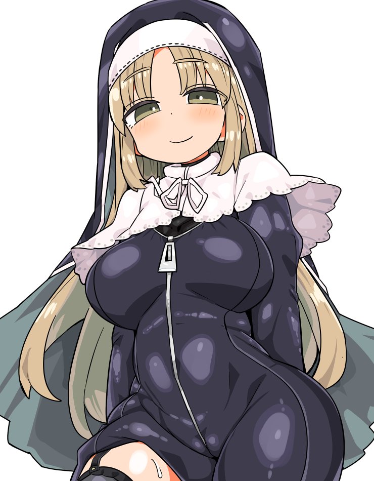 1girl blonde_hair blush bodysuit breasts capelet closed_mouth commentary_request copyright_request green_eyes kanikama large_breasts long_hair looking_at_viewer nun simple_background smile solo thighs white_background white_capelet zipper