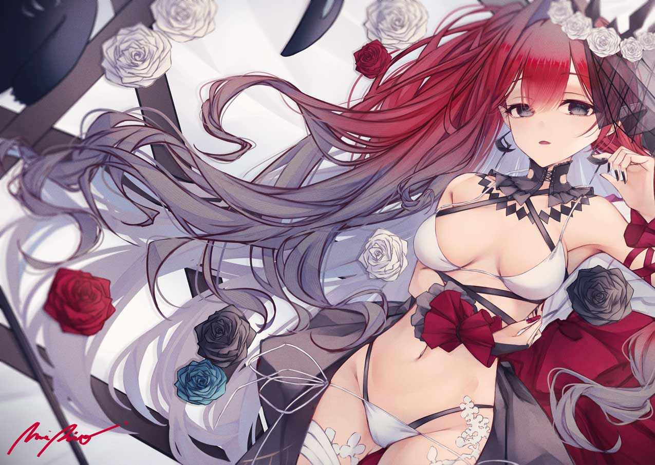 1girl baobhan_sith_(fate) baobhan_sith_(swimsuit_pretender)_(fate) baobhan_sith_(swimsuit_pretender)_(third_ascension)_(fate) bare_shoulders bikini black_flower black_nails blue_flower breasts bridal_gauntlets cernunnos_(fate) detached_collar earrings fate/grand_order fate_(series) flower frilled_cuffs grey_eyes hair_flower hair_ornament hand_up jewelry long_hair looking_at_viewer nail_polish navel open_mouth pointy_ears red_flower red_hair red_nails side_ponytail sidelocks signature solo spica/kanade swimsuit tiara untying veil white_background white_bikini white_flower