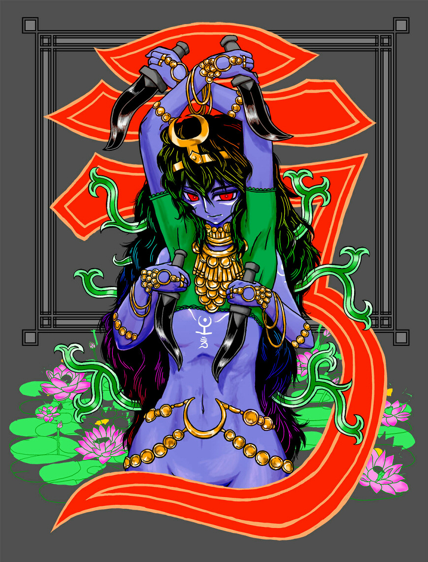 1girl black_hair blue_skin bracelet breasts colored_skin covering_nipples covering_privates cropped_shirt demon_girl extra_arms facepaint flower green_shirt holding holding_knife jewelry kick_katze knife lily_pad lotus multicolored_hair navel necklace original pink_flower rainbow_hair red_eyes shirt short_sleeves small_breasts solo