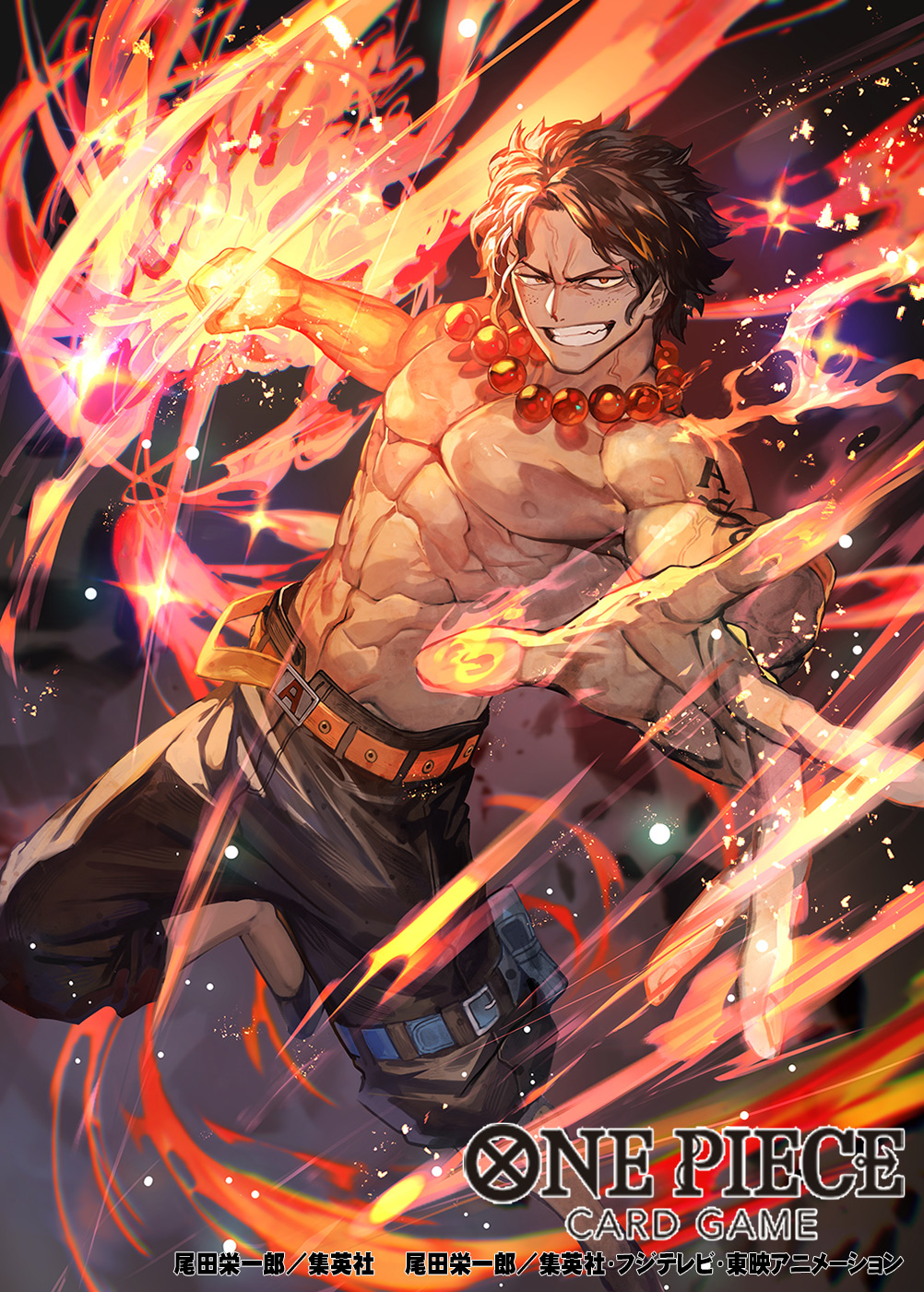 1boy abs arm_tattoo bead_necklace beads black_hair clenched_hand clenched_teeth commentary_request english_text fire highres jewelry lack looking_at_viewer male_focus necklace official_art one_piece portgas_d._ace short_hair smile solo tattoo teeth topless_male translation_request