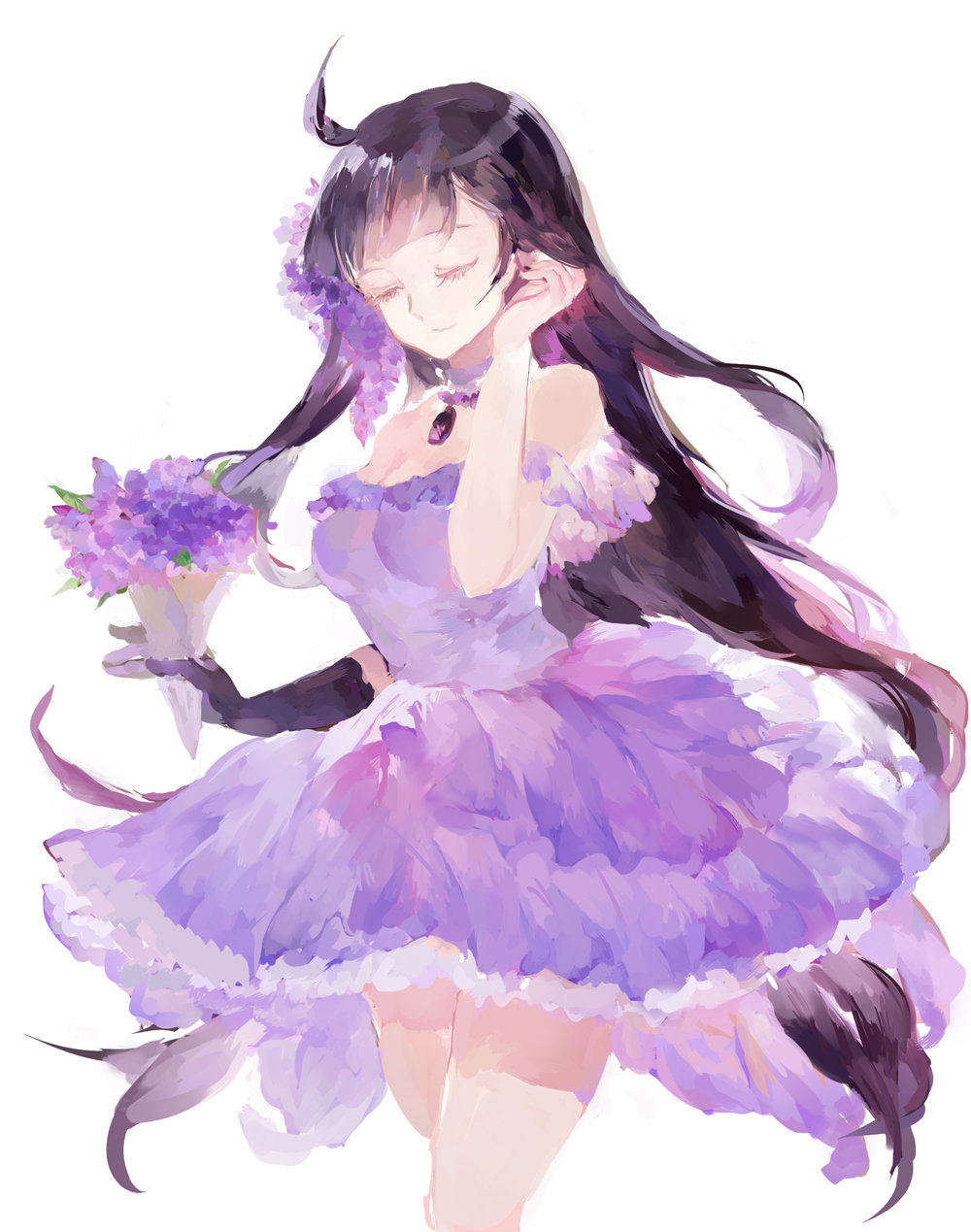 1girl ahoge bare_shoulders black_gloves blunt_bangs bouquet breasts brown_hair chest_jewel chinese_commentary choker circle_skirt cleavage closed_eyes closed_mouth commentary_request cowboy_shot dress eyelashes flower frilled_choker frilled_dress frills gem gloves hair_flower hair_ornament hand_in_own_hair highres holding holding_bouquet lavender_(flower) long_hair original purple_choker purple_dress purple_flower purple_gemstone purple_sleeves rivet_jiang short_dress short_sleeves simple_background single_bare_arm single_glove smile solo thighs very_long_hair white_background
