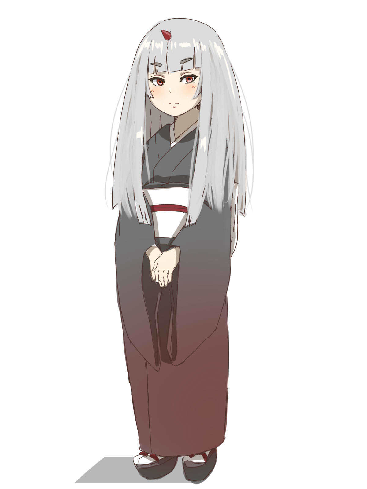 1girl black_footwear black_kimono closed_mouth commentary_request full_body grey_hair highres horns japanese_clothes kimono kuro_kosyou long_hair long_sleeves obi oni original own_hands_together platform_footwear red_eyes sandals sash shadow single_horn socks solo tabi very_long_hair white_socks wide_sleeves zouri