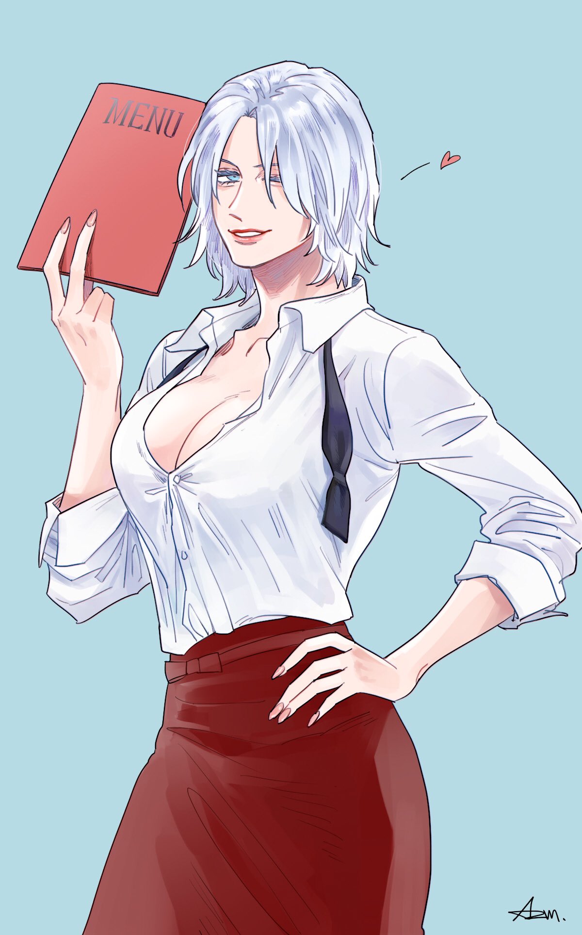 1girl azuma_xoxo_9 blue_eyes bow bowtie breasts cleavage dante_(devil_may_cry) devil_may_cry_(series) devil_may_cry_5 genderswap genderswap_(mtf) highres holding holding_menu huge_breasts lipstick looking_at_viewer makeup mature_female menu one_eye_closed shirt smile solo waiter waitress white_hair