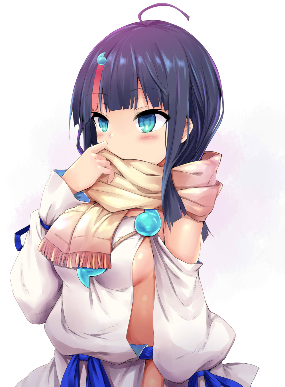 1girl ahoge bare_shoulders black_hair blue_eyes blue_ribbon blush breasts dress fate/grand_order fate/requiem fate_(series) highres jewelry long_sleeves magatama magatama_hair_ornament magatama_necklace medium_breasts medium_hair multicolored_hair necklace pelvic_curtain pink_hair puffy_long_sleeves puffy_sleeves ribbon scarf sen_(astronomy) short_dress sideboob sideless_outfit sidelocks solo streaked_hair utsumi_erice white_dress yellow_scarf