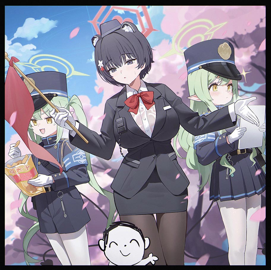 1girl 3girls animal_ear_fluff animal_ears armband banxuan_c2ka black_border black_hair black_pantyhose blue_archive blue_armband blurry blurry_background border bow bowtie breasts cherry_tree collared_shirt demon_tail doodle_sensei_(blue_archive) extra_ears flower garrison_cap gloves green_eyes green_hair hair_flower hair_ornament halo hat highlander_sidelocks_conductor_(blue_archive) highlander_twintails_conductor_(blue_archive) hugging_another's_leg jacket lapels large_breasts multiple_girls notched_lapels official_alternate_costume outdoors pantyhose peaked_cap pencil_skirt photo-referenced pointy_ears raccoon_ears red_bow red_bowtie red_flag sensei_(blue_archive) shirt siblings sidelocks sisters skirt suit_jacket sweat tail tour_guide tour_guide_from_the_underworld tsubaki_(guide)_(blue_archive) twins twintails walkie-talkie white_gloves white_pantyhose white_shirt yellow_eyes yu-gi-oh!