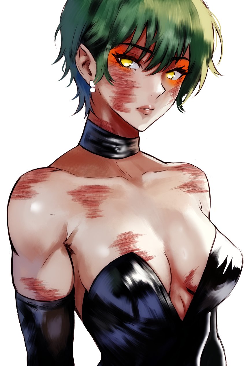 1girl bare_shoulders breasts burn_scar cleavage earrings green_hair highres jewelry jujutsu_kaisen makeup muscular muscular_female scar scar_on_arm scar_on_face short_hair simple_background solo too_many too_many_scars vcais white_background yellow_eyes zen'in_maki