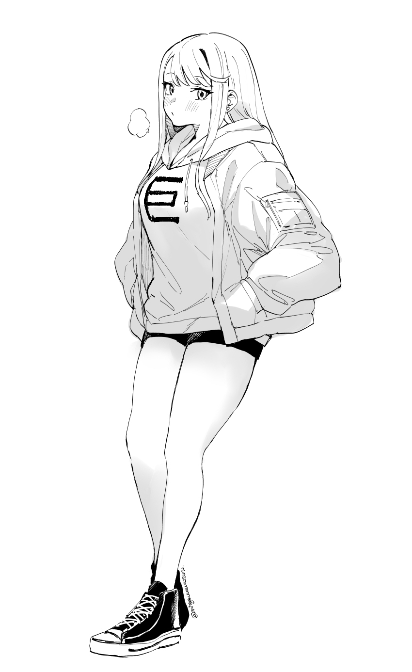 1girl artist_name asymmetrical_bangs bare_legs blush breasts breathing chieri_no_koi_wa_8_meter contrapposto eyelashes full_body greyscale hands_in_pockets highres hood hoodie large_breasts looking_at_viewer mitogawawataru monochrome official_art oomine_chieri parka parted_lips shoes shorts simple_background sneakers solo standing straight_hair twitter_username white_background