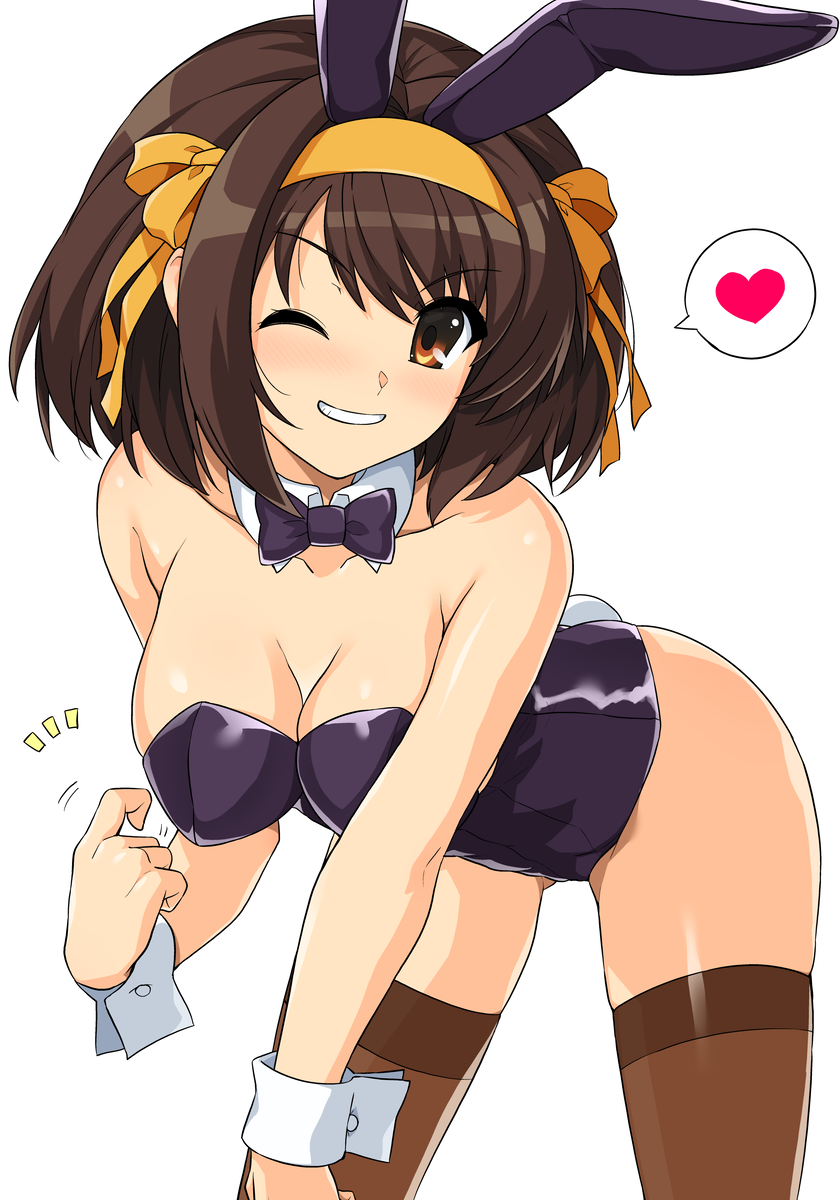 1girl animal_ears black_bow black_bowtie black_leotard blush bow bowtie breasts brown_eyes brown_hair brown_thighhighs cleavage detached_collar fake_animal_ears fake_tail grin hair_ribbon hairband haruhisky heart highres large_breasts leotard medium_hair official_alternate_costume one_eye_closed playboy_bunny rabbit_ears rabbit_tail ribbon simple_background smile solo spoken_heart suzumiya_haruhi suzumiya_haruhi_no_yuuutsu tail thighhighs white_background white_wrist_cuffs wrist_cuffs yellow_hairband yellow_ribbon