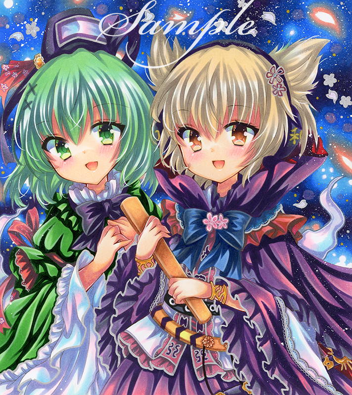 2girls blue_background bracelet brown_eyes dress earmuffs frills ghost_tail green_dress green_eyes green_hair hat jewelry long_sleeves looking_at_viewer marker_(medium) medium_hair multiple_girls open_mouth pointy_hair ritual_baton rui_(sugar3) sample_watermark short_hair smile soga_no_tojiko tate_eboshi touhou toyosatomimi_no_miko traditional_media watermark wide_sleeves