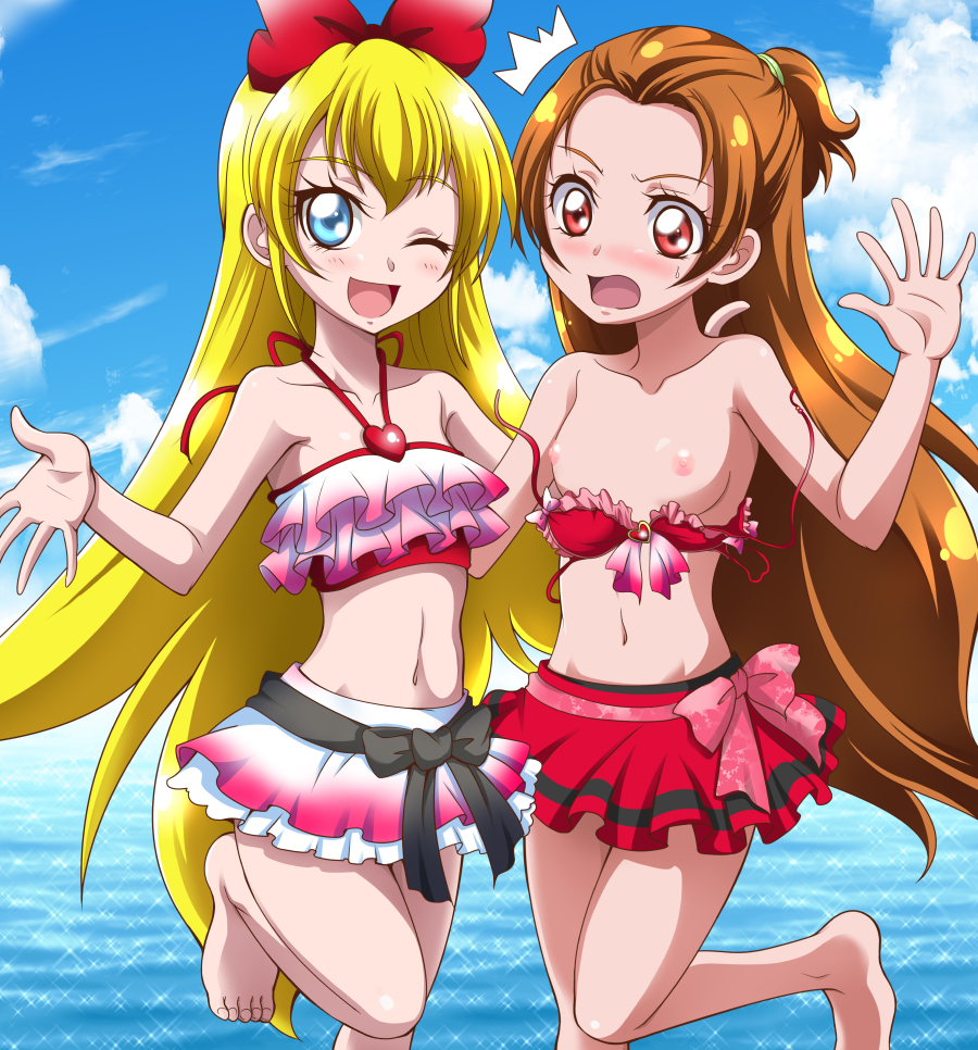 2girls :d ;d ^^^ arm_around_back barefoot bikini bikini_skirt bikini_top_pull blonde_hair blue_eyes blue_sky blush bow breasts brown_hair cloud cloudy_sky collarbone commentary_request day dokidoki!_precure flat_chest floating_hair frilled_bikini frills frown hair_bow halterneck hanzou leg_up long_hair looking_at_viewer madoka_aguri miniskirt multiple_girls navel nipples ocean one_eye_closed open_mouth outdoors partial_commentary pink_bow precure red_bikini red_bow red_eyes red_skirt regina_(dokidoki!_precure) skirt sky small_breasts smile standing standing_on_one_leg swimsuit very_long_hair wardrobe_malfunction waving