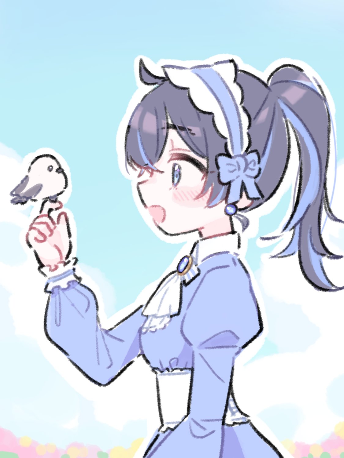 1girl :d ahoge ascot bird bird_on_hand black_hair blue_bow blue_dress blue_eyes blue_gemstone blue_hair blue_hairband blue_sky blush bow brooch cloud collared_dress crossed_bangs day dress earrings frilled_hairband frilled_sash frilled_sleeves frills gem hair_between_eyes hair_bow hairband hand_up high_ponytail highres honkai_(series) honkai_impact_3rd jewelry juliet_sleeves long_hair long_sleeves multicolored_hair open_mouth outdoors outline ponytail profile puffy_sleeves sash seele_vollerei sidelocks sky smile solo streaked_hair upper_body velcozz white_ascot white_outline white_sash wing_collar