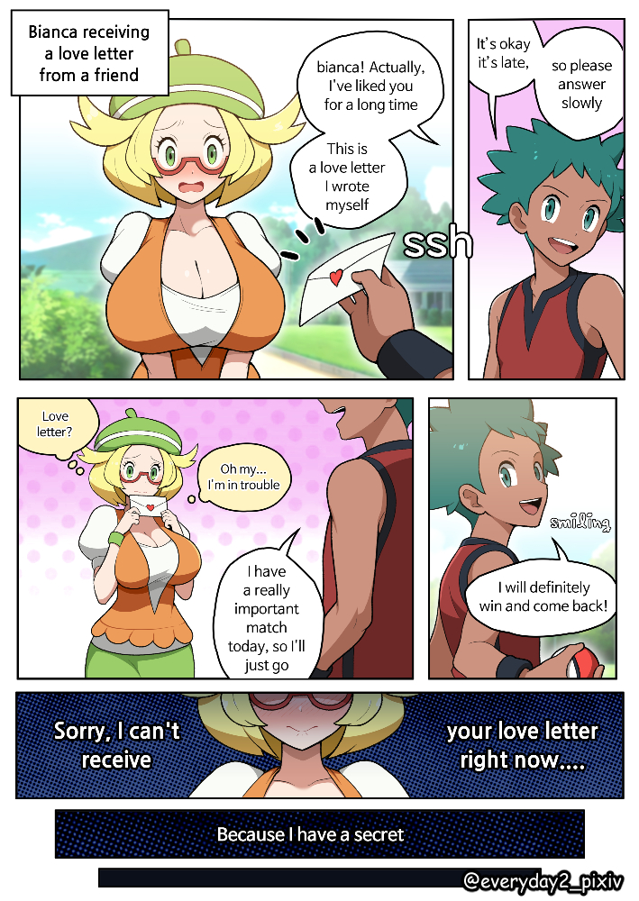 1boy 1girl :d bianca_(pokemon) blonde_hair blush breasts character_request cleavage confession dark-skinned_male dark_skin day english_text everyday2 glasses green_eyes green_hair green_hat hetero holding holding_removed_eyewear huge_breasts love_letter medium_hair orange_vest outdoors pokemon pokemon_bw puffy_short_sleeves puffy_sleeves red-framed_eyewear semi-rimless_eyewear shirt short_sleeves smile under-rim_eyewear unworn_eyewear vest white_shirt