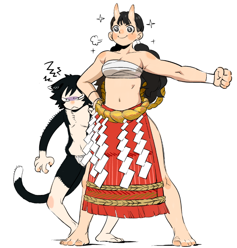 &gt;:( &gt;:) 2girls :&lt; aged_down animal_ears black_eyes black_fur black_hair blunt_bangs cat_ears cat_girl cat_tail claws clenched_hand commentary_request dungeon_meshi frown fundoshi hand_on_own_hip horns inutade izutsumi japanese_clothes leichen6194 light_blush loincloth low_twintails mole mole_under_eye multiple_girls muscular muscular_female navel oni puff_of_air red_loincloth romaji_commentary rope sarashi shide shimenawa short_hair skin-covered_horns sparkle tail twintails v-shaped_eyebrows white_background white_wristband wristband