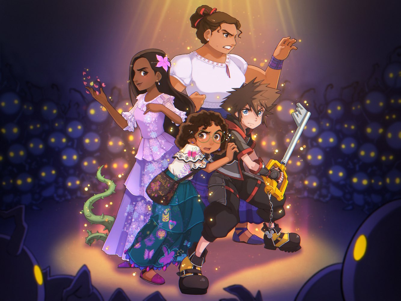 1boy 3girls crossover curly_hair dark-skinned_female dark-skinned_male dark_skin dress earrings encanto full_body glasses isabela_madrigal jewelry keyblade kingdom_hearts layered_dress long_hair luisa_madrigal mirabel_madrigal multiple_girls pink_dress short_hair sora_(kingdom_hearts) tama!_(lazyturtle)