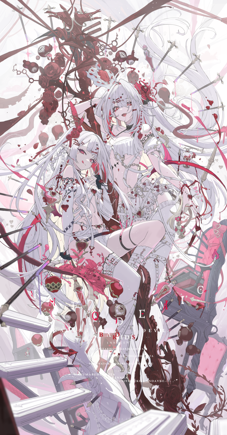 2girls :q ahoge commentary fang fantasy flower hair_ornament hair_spread_out hairclip highres long_hair looking_at_viewer multiple_girls original red_eyes red_flower red_rose revealing_clothes rose skin_fang symbol-only_commentary tongue tongue_out touzai_(poppin_phl95) very_long_hair white_hair
