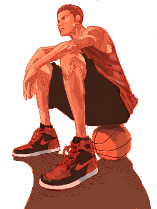 1boy bad_drawr_id bad_id ball basketball basketball_(object) basketball_uniform black_shorts brown_hair buzz_cut closed_mouth full_body kmgr male_focus nike_(company) oekaki red_shirt sakuragi_hanamichi shirt shoes short_hair shorts sitting slam_dunk_(series) sneakers solo sportswear tank_top very_short_hair white_background