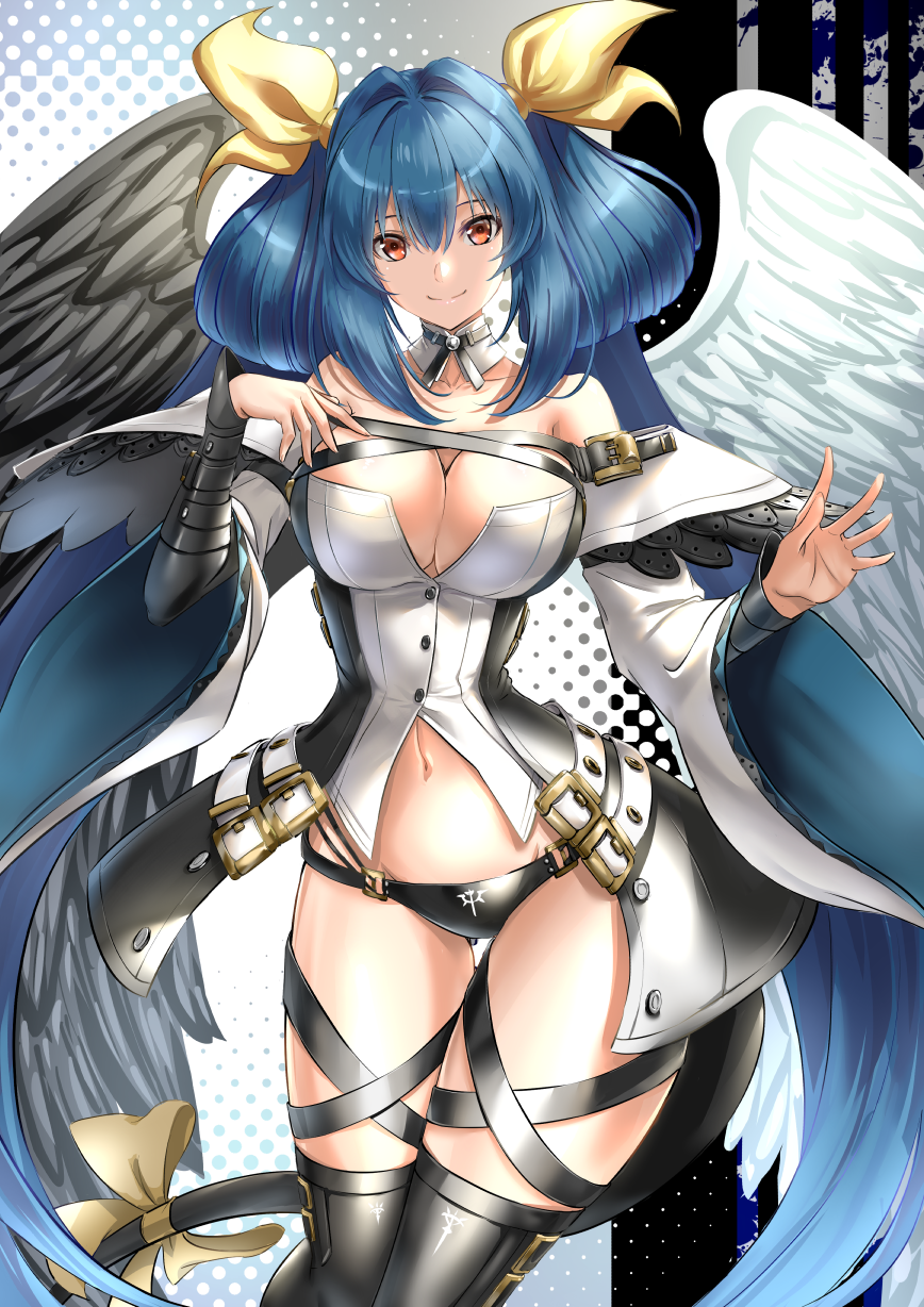 1girl angel_wings asymmetrical_wings bare_shoulders black_panties black_pantyhose black_sleeves black_thighhighs black_wings blue_hair breasts cleavage detached_collar dizzy_(guilty_gear) feathered_wings guilty_gear guilty_gear_xrd hair_ribbon highres kaijin-m large_breasts long_sleeves looking_at_viewer navel panties pantyhose red_eyes revealing_clothes ribbon solo thigh_gap thigh_strap thighhighs thighs underwear white_sleeves white_wings wide_sleeves wings yellow_ribbon