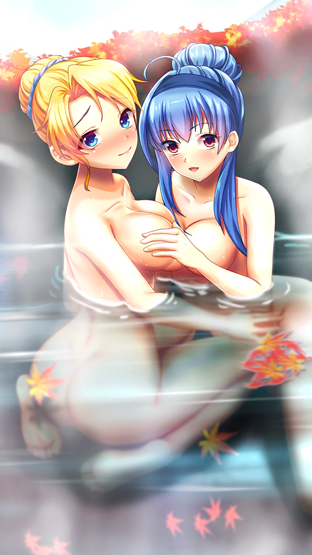 2girls :d ass autumn_leaves barefoot blonde_hair blue_eyes blue_hair blue_headband blush breasts cleavage closed_mouth completely_nude day doukyuusei_another_world game_cg grabbing grabbing_another's_breast hair_intakes half_updo headband kakyuusei_2 leaf long_hair looking_at_viewer maple_leaf medium_breasts multiple_girls nude official_art onsen open_mouth outdoors partially_submerged red_eyes short_hair smile soles takatoo_nanase yokomizo_fumi
