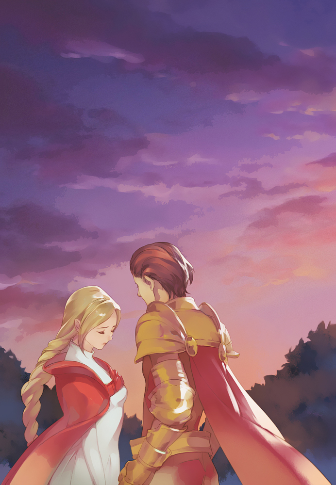 1boy 1girl armor back blonde_hair braid brown_hair cape closed_eyes cloud couple delita_heiral dress eriya-j final_fantasy final_fantasy_tactics lips nose outdoors ovelia_atkascha purple_sky red_cape single_braid sky sunset tree upper_body white_dress yellow_armor