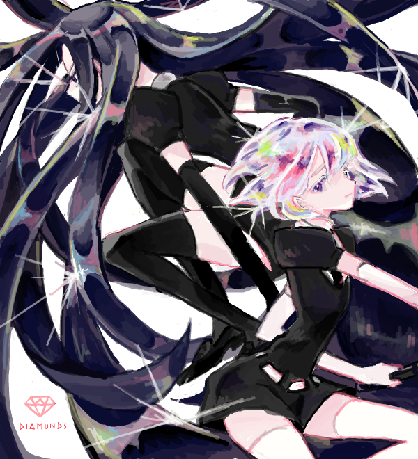 2others androgynous bad_drawr_id bad_id black_eyes black_gloves black_hair black_necktie black_shirt black_shorts bort closed_mouth diamond_(houseki_no_kuni) elbow_gloves gem_uniform_(houseki_no_kuni) gloves holding holding_sword holding_weapon houseki_no_kuni long_hair looking_at_viewer megamegaglass multicolored_hair multiple_others necktie oekaki other_focus rainbow_hair shirt short_hair short_sleeves shorts simple_background sparkle sword thighhighs very_long_hair weapon