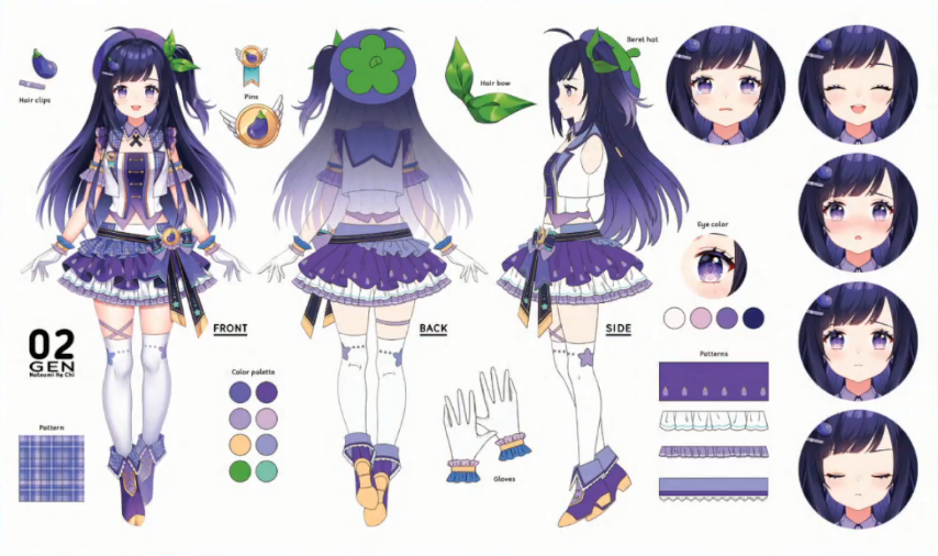 bad_source eggplant expressions frilled_skirt frills gloves hat idol leaf_hat_ornament long_hair natsumi_hachi nijigen_project purple_eyes purple_footwear purple_hair reference_sheet shoes skirt star_(symbol) thighhighs virtual_youtuber white_gloves white_thighhighs