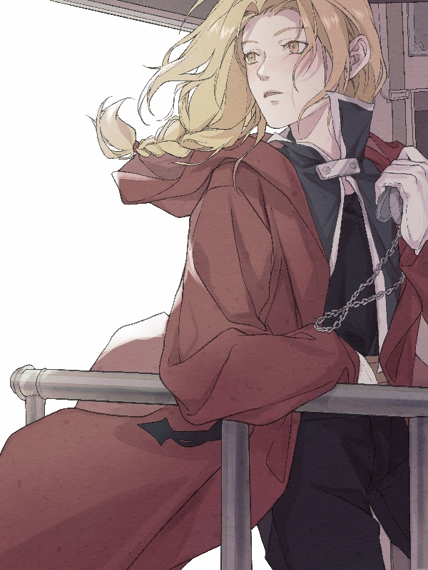 1boy black_pants black_shirt blonde_hair braid braided_ponytail chain coat cowboy_shot edward_elric fullmetal_alchemist gloves hood hood_down long_hair long_sleeves male_focus pants parted_lips railing red_coat shiro_to shirt simple_background single_braid solo white_background white_gloves yellow_eyes