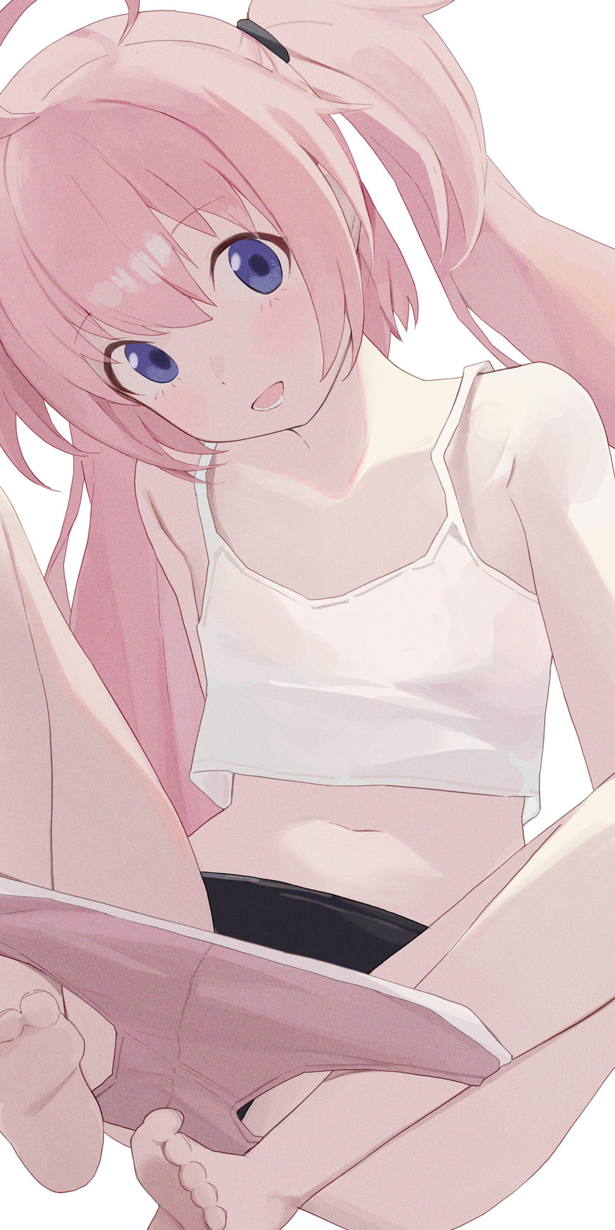 1girl ahoge barefoot black_panties blue_eyes camisole clothes_pull collarbone highres hiroki_(yyqw7151) long_hair looking_at_viewer milim_nava navel panties pink_hair pink_shorts shorts shorts_pull simple_background sitting solo tensei_shitara_slime_datta_ken toes twintails underwear white_background white_camisole