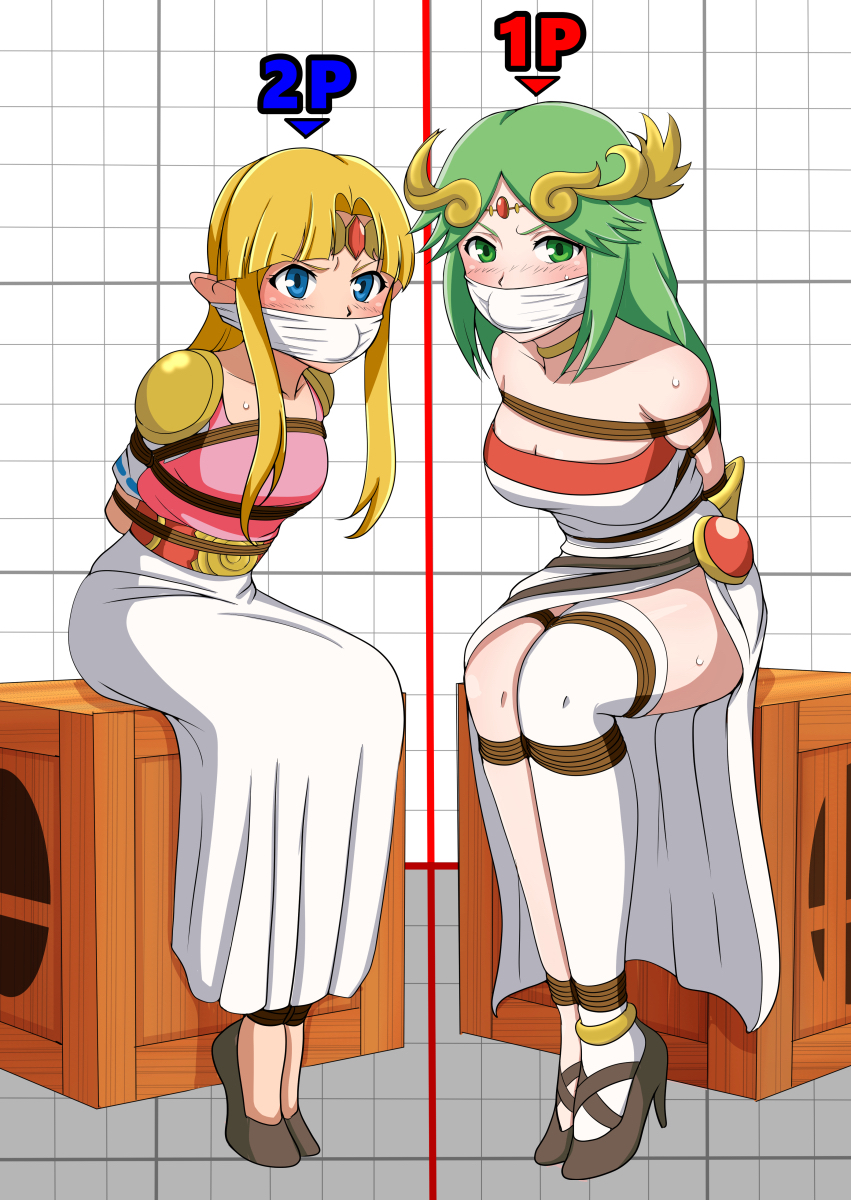 blonde_hair blue_eyes breasts circlet crate dress green_eyes green_hair hair_ornament harusame_zensen highres kid_icarus large_breasts medium_breasts palutena princess_zelda restrained shibari sitting super_smash_bros. the_legend_of_zelda the_legend_of_zelda:_a_link_between_worlds