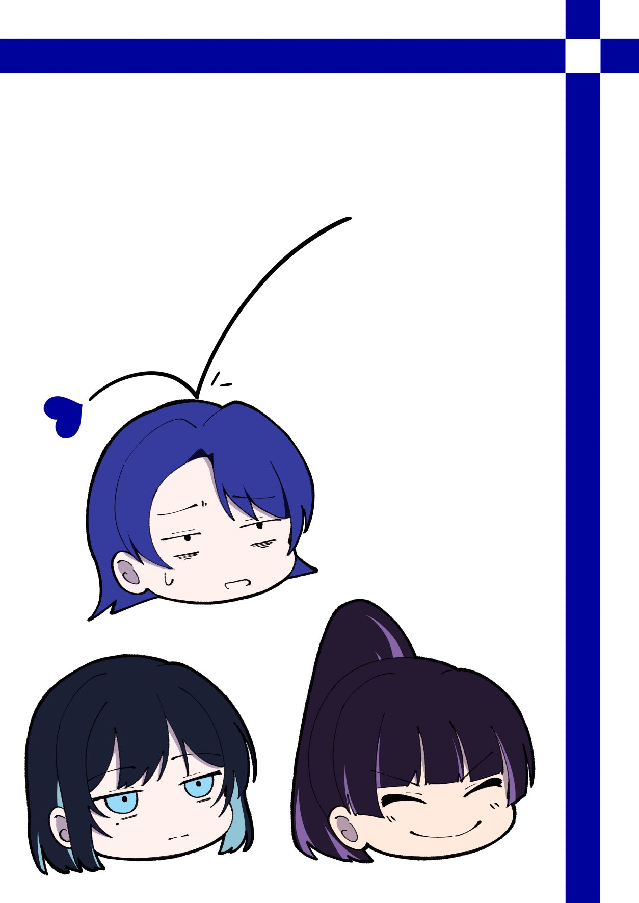 3girls ado_(utaite) atashi_wa_mondaisaku black_hair blue_eyes blue_hair blunt_bangs chando_(ado) chibi closed_eyes cloud_nine_inc colored_inner_hair commentary_request head_only highres mole mole_under_eye multicolored_hair multiple_girls nori_(norinori_yrl) ponytail purple_hair short_hair smile sweatdrop tanaka_keiko_(ado) utaite yoshino_(utaite)