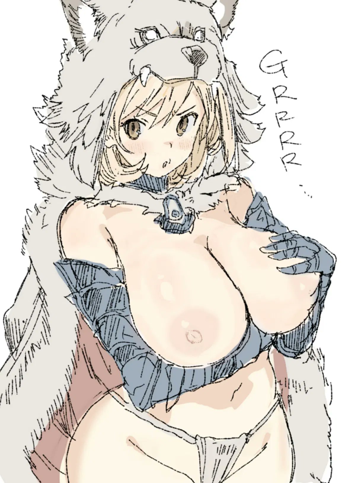 1girl arm_under_breasts berserker_(granblue_fantasy) blonde_hair blush breasts brown_eyes cape djeeta_(granblue_fantasy) fundoshi gauntlets gorirago granblue_fantasy hand_on_own_chest highres japanese_clothes large_breasts looking_at_viewer nipples parted_lips pelt short_hair simple_background solo underwear wolf_hat wolf_pelt