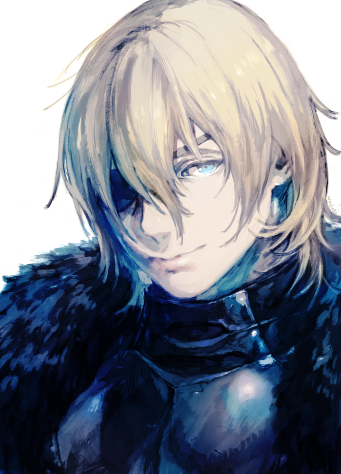 1boy black_coat blonde_hair blue_eyes closed_mouth coat dimitri_alexandre_blaiddyd eyepatch fire_emblem fire_emblem:_three_houses fur-trimmed_coat fur_trim hair_between_eyes light_smile looking_at_viewer male_focus short_hair simple_background solo upper_body wadati white_background