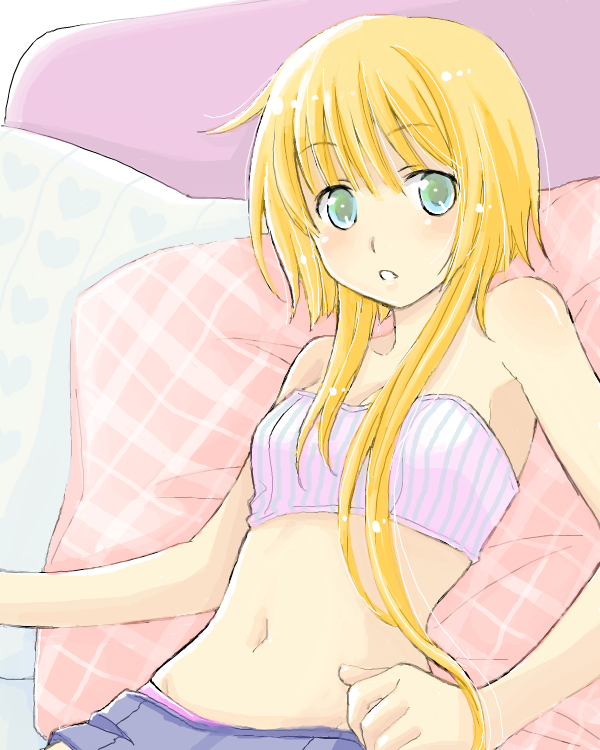 1girl bad_drawr_id bad_id bandeau bare_arms bare_shoulders blonde_hair character_request copyright_request green_eyes hinonekoku long_hair looking_at_viewer midriff navel oekaki panties parted_lips pillow purple_shirt shirt short_hair_with_long_locks skirt solo strapless tube_top underwear