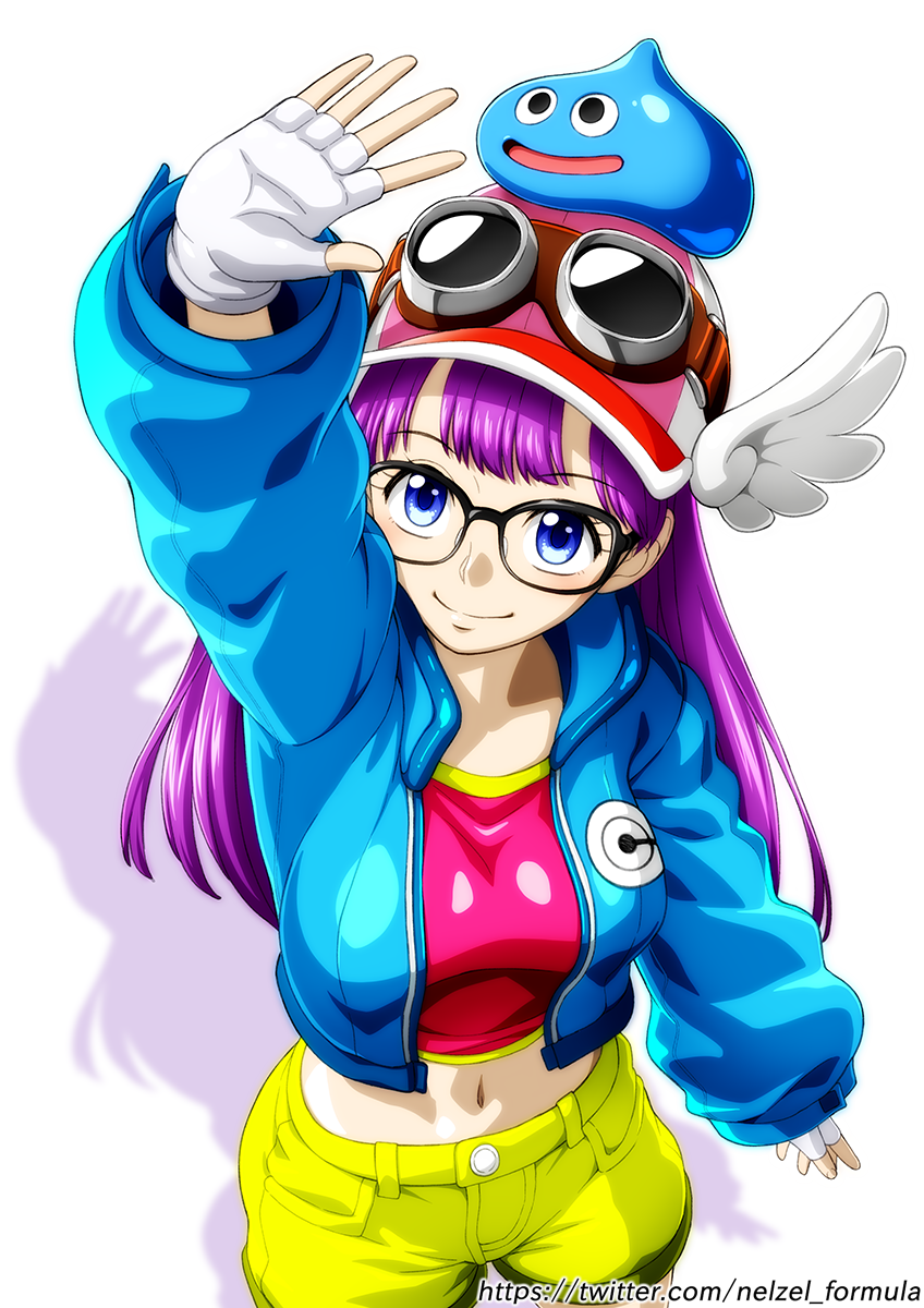 1girl baseball_cap black-framed_eyewear blue_eyes blue_jacket closed_mouth dr._slump fingerless_gloves glasses gloves goggles goggles_on_headwear hat highres jacket long_hair long_sleeves looking_at_viewer midriff navel nel-zel_formula norimaki_arale open_clothes open_jacket pink_hat purple_hair short_shorts shorts slime_(creature) smile solo stomach twitter_username very_long_hair web_address white_gloves yellow_shorts