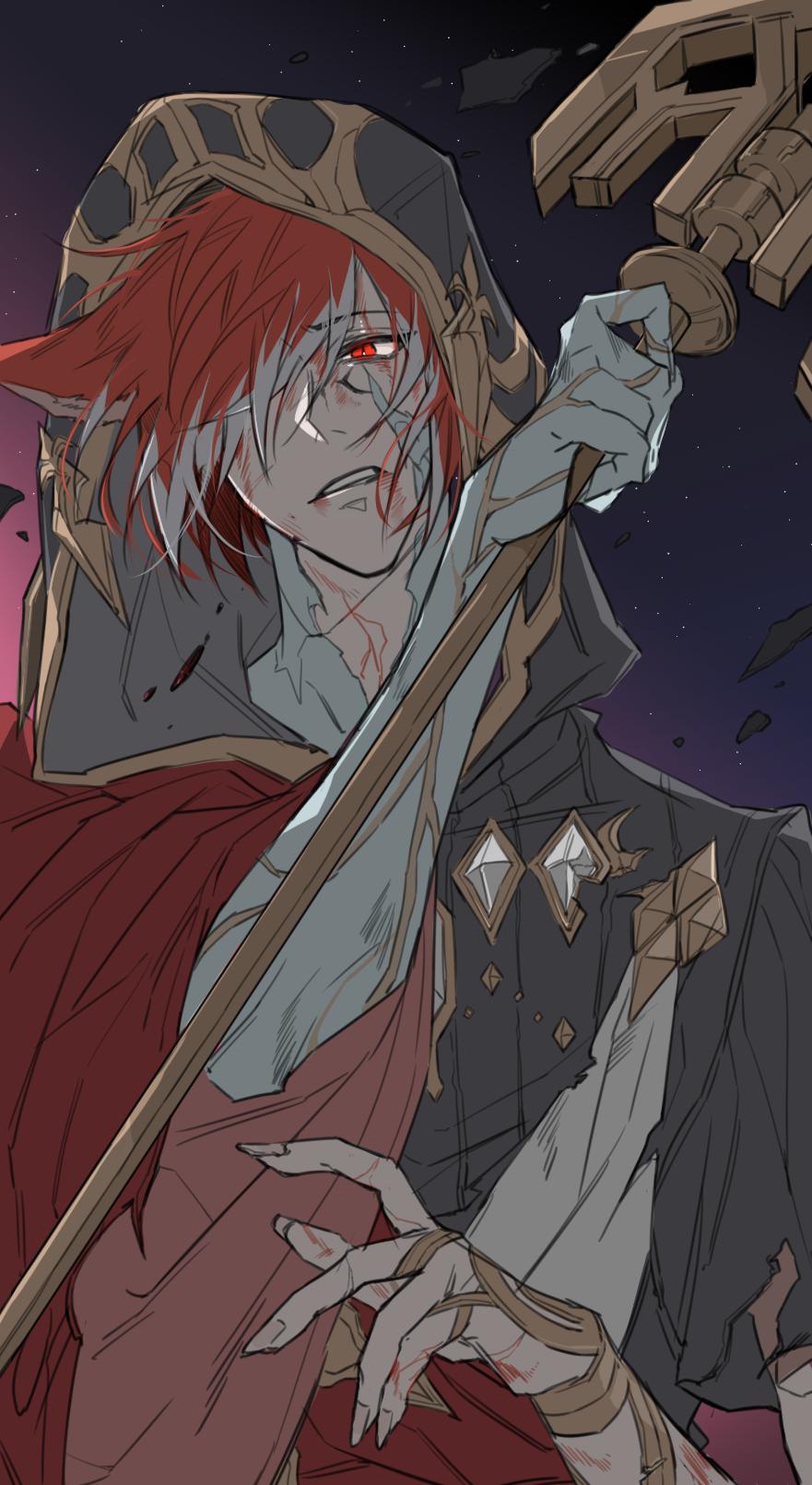 1boy blood bruise cloak crystal_exarch final_fantasy final_fantasy_xiv g'raha_tia hair_over_one_eye highres holding holding_scepter hood hooded_cloak injury male_focus material_growth miqo'te multicolored_hair one_eye_covered parted_lips red_eyes red_hair scepter streaked_hair tladpwl03