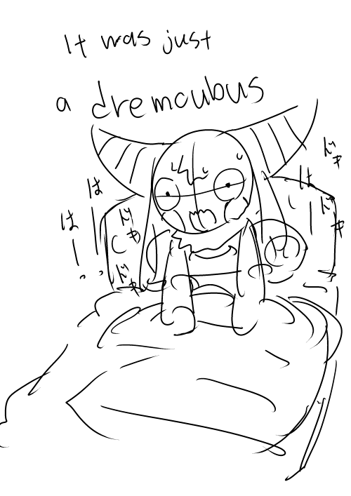 2_horns bed bedding bibi_(o-den) blanket bodily_fluids bra clothing demon english_text female furniture head_tuft horn japanese_text long_ears neck_tuft o-den pillow pupils scared scared_face small_pupils solo succubus sweat text tuft underwear waking_up