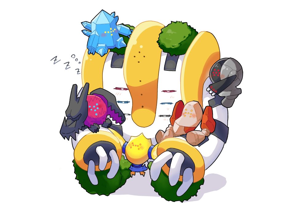 blush closed_eyes clothed_pokemon full_body hakumogera hug no_humans pokemon regice regidrago regieleki regigigas regirock registeel simple_background sitting sleeping white_background zzz