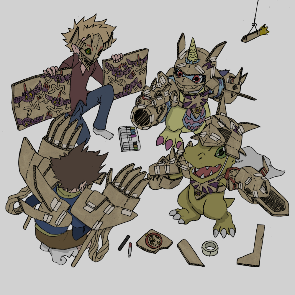 2boys agumon arm_blade arm_cannon blonde_hair blue_pants blue_shirt brown_hair brown_shirt brown_shorts cardboard cardboard_armor cardboard_costume colored_sclera colored_skin cosplay diablomon digimon digimon_(creature) digimon_adventure gabumon green_eyes green_sclera grey_background marker mask multiple_boys omegamon omegamon_(cosplay) open_mouth orange_skin pants red_eyes reptile shirt shorts simple_background socks takeuchi_(rtakeuchi1535) tape weapon white_socks yellow_skin