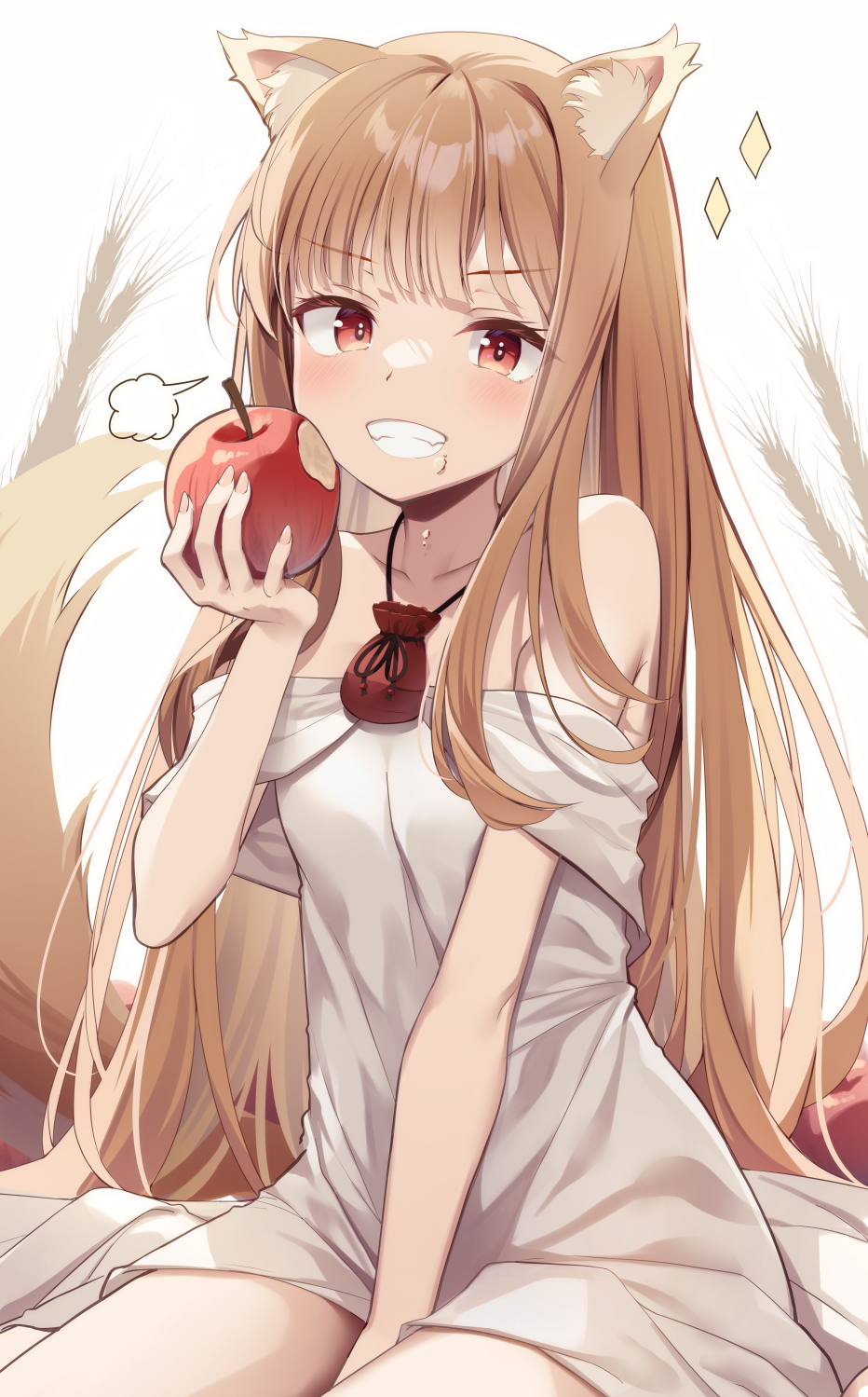 1girl animal_ears apple bare_shoulders blush breasts brown_hair commentary_request dress eating food food_on_face fruit grey_dress grin highres holding holding_food holding_fruit holo kinokomushi long_hair looking_at_viewer off-shoulder_dress off_shoulder red_eyes sitting small_breasts smile solo spice_and_wolf tail teeth very_long_hair wolf_ears wolf_girl wolf_tail