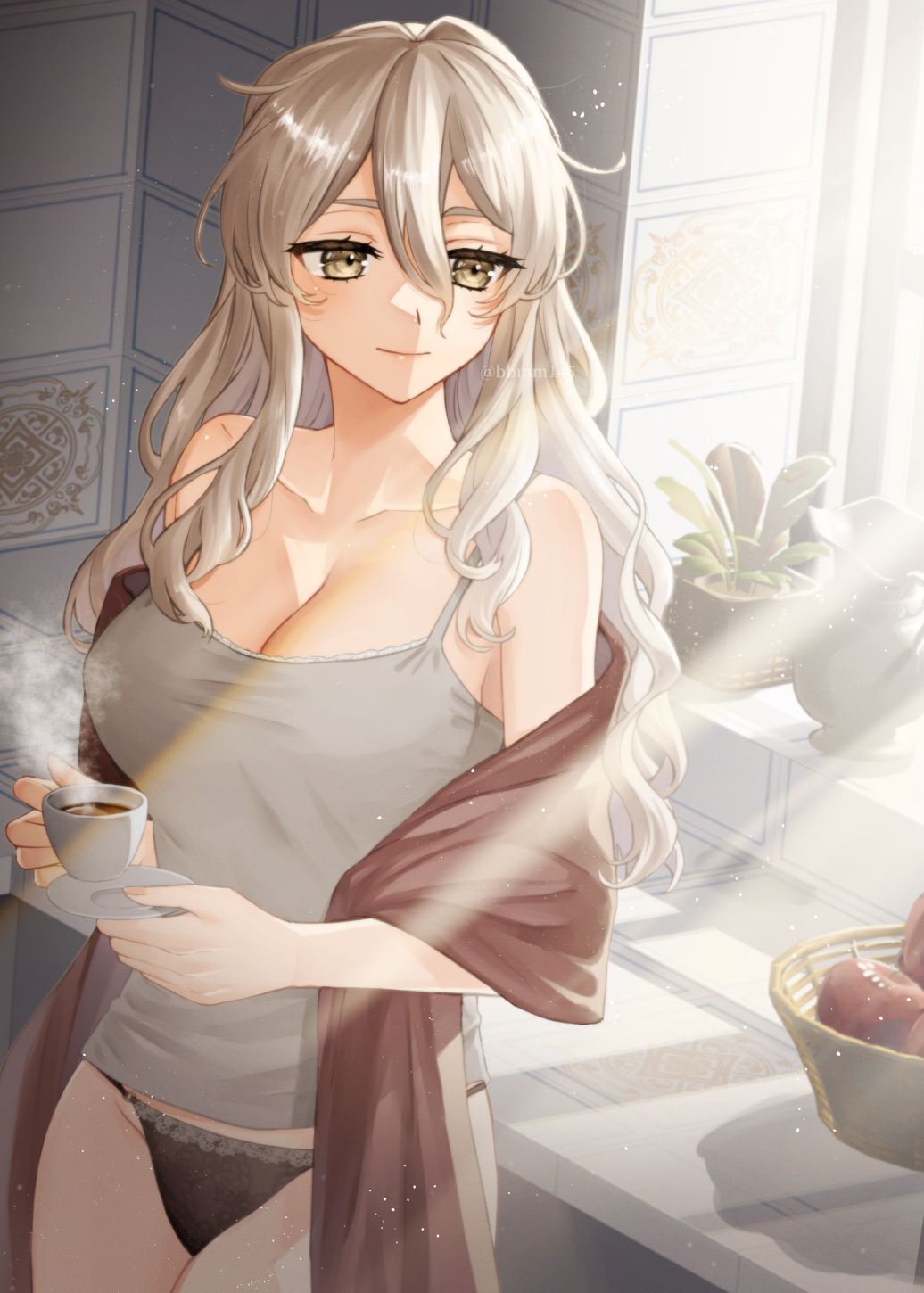 1girl apple basket black_panties blush breasts brown_eyes camisole cleavage coffee_cup collarbone cowboy_shot cup day disposable_cup food fruit grey_camisole grey_hair hair_between_eyes highres kantai_collection kitchen large_breasts long_hair machi_(ritovoyage) panties plant pola_(kancolle) potted_plant shawl smile solo sunlight underwear wavy_hair window