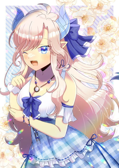 1girl ;d bare_shoulders blue_bow blue_dress blue_eyes bow breasts cleavage collarbone commentary_request commission dress fangs floral_background flower frilled_dress frills hair_bow horns icy_sylvie indie_virtual_youtuber kou_hiyoyo light_brown_hair long_hair medium_breasts one_eye_closed parted_bangs plaid plaid_dress pointy_ears ribbon-trimmed_dress scrunchie skeb_commission smile solo striped_background very_long_hair virtual_youtuber white_flower white_scrunchie wrist_scrunchie