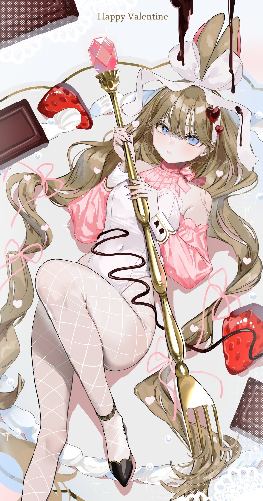 1girl animal_ears black_footwear blue_eyes chocolate chocolate_on_body covered_navel detached_sleeves extra_ears fishnet_pantyhose fishnets food food_on_body fork fruit hair_ribbon happy_valentine highleg highleg_leotard highres holding holding_fork leotard light_brown_hair long_hair long_sleeves looking_at_viewer lying mayuri_kaichou mini_person minigirl on_back original pantyhose puffy_long_sleeves puffy_sleeves rabbit_ears ribbon size_difference solo strawberry very_long_hair white_leotard white_pantyhose white_ribbon