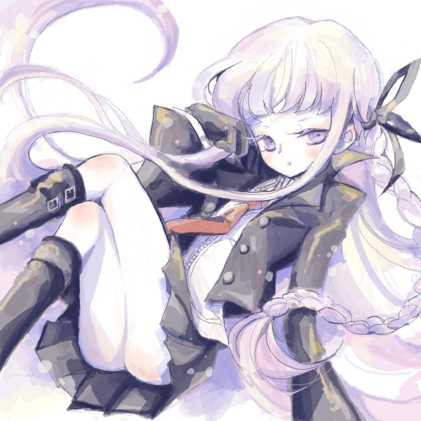 1girl bad_drawr_id bad_id black_footwear black_jacket boots braid crossed_legs danganronpa:_trigger_happy_havoc danganronpa_(series) feet_out_of_frame gloves hair_ribbon jacket kirigiri_kyoko legs long_hair looking_at_viewer necktie nsm888 oekaki pale_skin parted_lips purple_eyes purple_hair red_necktie ribbon shirt single_braid skirt solo thighs white_background white_shirt