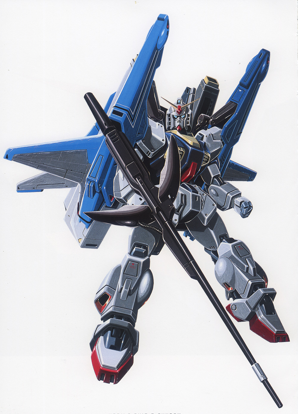 1980s_(style) beam_cannon booster_rocket concept_art energy_gun gundam gundam_mk_ii highres jetpack looking_at_viewer mecha mobile_suit no_humans official_art ookawara_kunio painting_(medium) production_art retro_artstyle robot scan science_fiction super_gundam traditional_media v-fin weapon white_background zeta_gundam